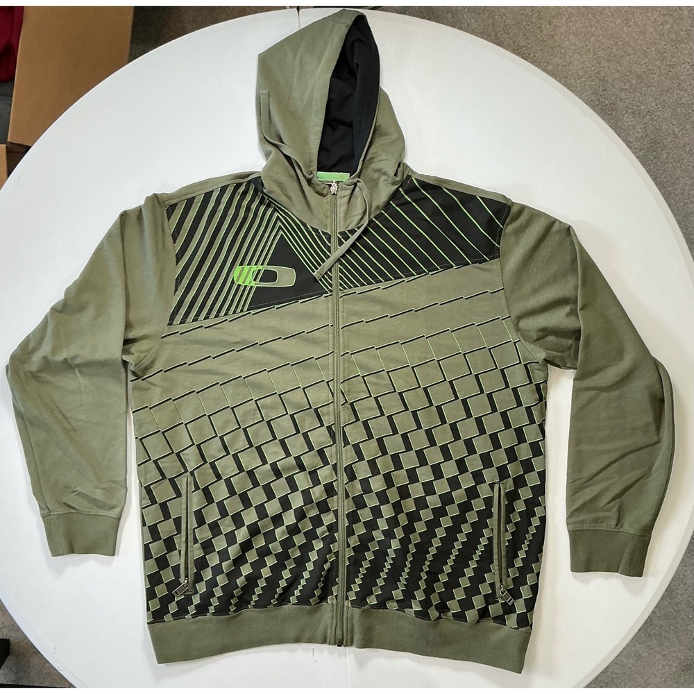 Oakley Olive Green Black Geometric Techwear Skater Full Zip Hoodie Mens XL